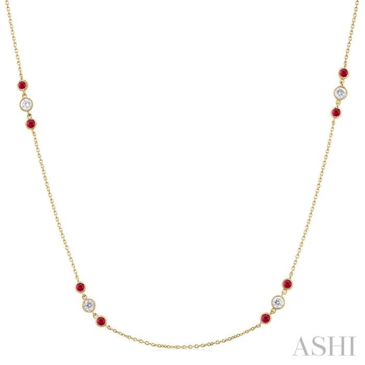 2.25 MM Ruby and 1/2 Ctw Round Cut Diamond Precious Station Necklace in 14K Yellow Gold