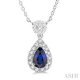 6x4 MM Pear Cut Sapphire and 1/3 Ctw Round Cut Diamond Lovebright Precious Necklace in 14K White Gold