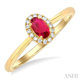 5x3 MM Oval Shape Ruby and 1/20 Ctw Round Cut Diamond Halo Precious Ring in 14K Yellow Gold