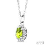 5x3 MM Oval Shape Peridot and 1/20 Ctw Round Cut Diamond Halo Semi-Precious Pendant with Chain in 14K White Gold