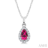 5x3 MM Pear Shape Pink Tourmaline and 1/20 Ctw Round Cut Diamond Halo Semi-Precious Pendant with Chain in 10K White Gold