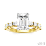 7/8 Ctw Emerald Shape Oval and Round Cut Diamond Semi-Mount Engagement Ring in 14K Yellow and White Gold