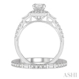 1 Ctw Baguette and Round Cut Diamond Wedding Set With 3/4 Ctw Cushion Shape Oval Cut Engagement Ring and 1/5 Ctw Wedding Band in 14K White Gold