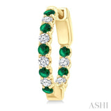 2.1 MM Round Shape Emerald and 1/2 Ctw Round Cut Diamond Inside & Outside Alternating Precious Hoop Earrings in 14K Yellow Gold