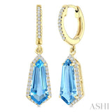 12X5 MM Evoque Gemstones Shield Shape Blue Topaz and 1/3 Ctw Round Cut Diamond Semi-Precious Earrings in 10K Yellow Gold