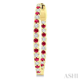 1.6 MM Round Shape Ruby and 1/2 Ctw Round Cut Diamond Inside & Outside Alternating Precious Hoop Earrings in 14K Yellow Gold