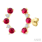 2.5 MM Round Shape Ruby and 1/10 Ctw Round Cut Diamond Precious Ear Climbers in 10K Yellow Gold