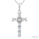 1/20 Ctw Baguette and Round Cut Diamond Cross Shape Fashion Pendant With Chain in 10K White Gold