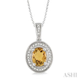 8x6 MM Oval Cut Citrine and 1/20 Ctw Single Cut Diamond Pendant in Sterling Silver with Chain