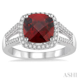 8x8 MM Cushion Shape Garnet and 1/4 ctw Round cut Diamond Ring in 10K White Gold