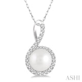 1/10 Ctw Round 7x7 MM Cultured Pearl Center Round Cut Diamond Pendant in 10K White Gold