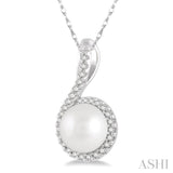 1/10 Ctw Round 7x7 MM Cultured Pearl Center Round Cut Diamond Pendant in 10K White Gold