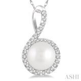 1/10 Ctw Round 7x7 MM Cultured Pearl Center Round Cut Diamond Pendant in 10K White Gold