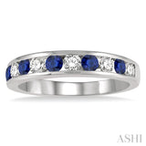 3/8 ctw Round Cut Diamond and 2.6MM Sapphire Precious Wedding Band in 14K White Gold