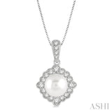 7 MM Cultured Pearl and 1/5 Ctw Round Cut Diamond Halo Pendant With Chain in 10K White Gold
