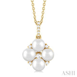 5x5 MM Round Shape Floral Cultured Pearls and 1/10 Ctw Round Cut Diamond Fashion Pendant With Chain in 10K Yellow Gold