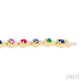 4X3 MM & 3.5 MM Mixed Shape Gemstone Rainbow and 1 Ctw Round Cut Diamond Halo Precious Tennis Bracelet in 14K Yellow Gold