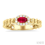 5x3 MM Oval Cut Ruby and 1/10 ctw Curb & Cuban Link East-West Round Cut Diamond Halo Precious Ring in 10K Yellow Gold