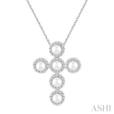 3 MM Cross Cultured Pearl and 1/4 Ctw Round Cut Diamond Pendant With Chain in 14K White Gold