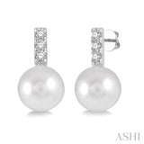 7 MM Cultured Pearls and 1/10 Ctw Round Cut Diamond Earrings in 14K White Gold