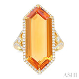26x10 MM Hexagon Shape Citrine and 1/2 Ctw Round Cut Diamond Halo Semi-Precious Ring in 14K Yellow Gold