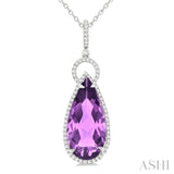 22X10 MM Pear Cut Amethyst and 1/3 Ctw Round Cut Diamond Halo Semi-Precious Pendant With Chain in 14K White Gold