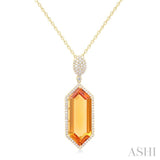 26x10 MM Hexagon Shape Citrine and 1/2 Ctw Round Cut Diamond Halo Semi-Precious Pendant With Chain in 14K Yellow Gold