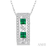 3x3 MM Princess Cut Emerald and 1/5 Ctw Round Cut Diamond Pendant in 14K White Gold with Chain