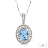 8x6 MM Oval Cut Blue Topaz and 1/20 Ctw Single Cut Diamond Pendant in Sterling Silver with Chain