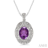 9x7 mm Oval Cut Amethyst and 1/50 ctw Single Cut Diamond Pendant in Sterling Silver with Chain