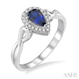 6x4 MM Pear Shape Sapphire and 1/10 Ctw Round Cut Diamond Ring in 14K White Gold