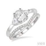 1/2 ctw Diamond Wedding Set With 3/8 ctw Oval & Triangular Cut Engagement Ring and 1/10 ctw Wedding Band in 14K White Gold